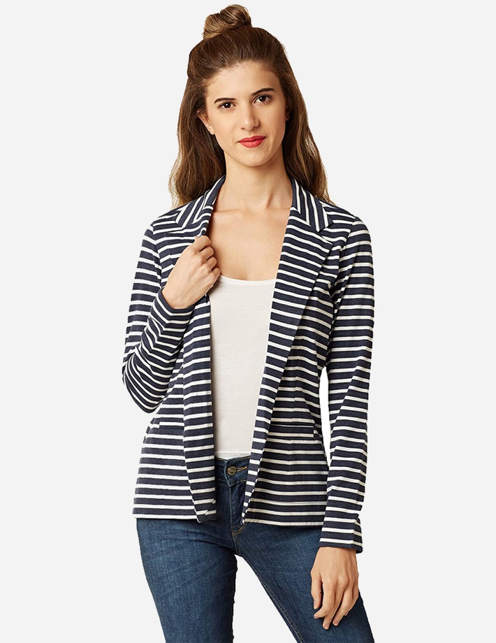 Women's Blue and White Striped Blazer Jacket