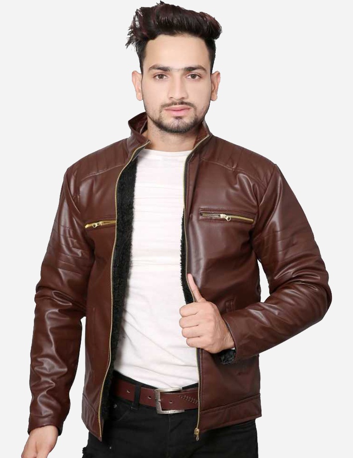 CRAPGOOS Dark Brown Pu Faux Leather Jacket for Men's