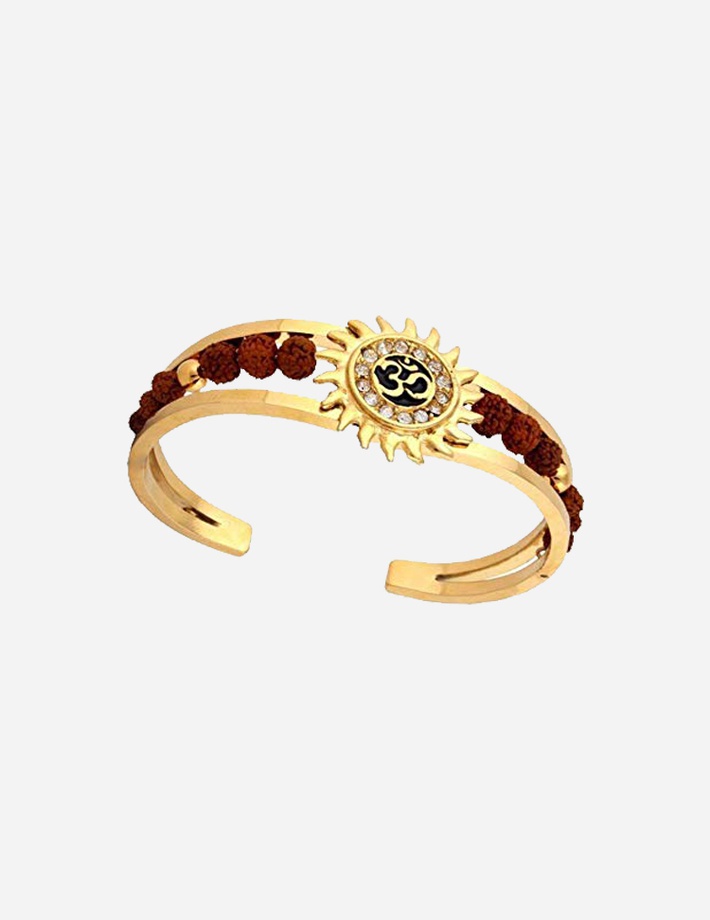 MEENAZ Rudraksh American Diamond Gold Meena Om Sun Rakhi Cuff Kada Bracelet for Men